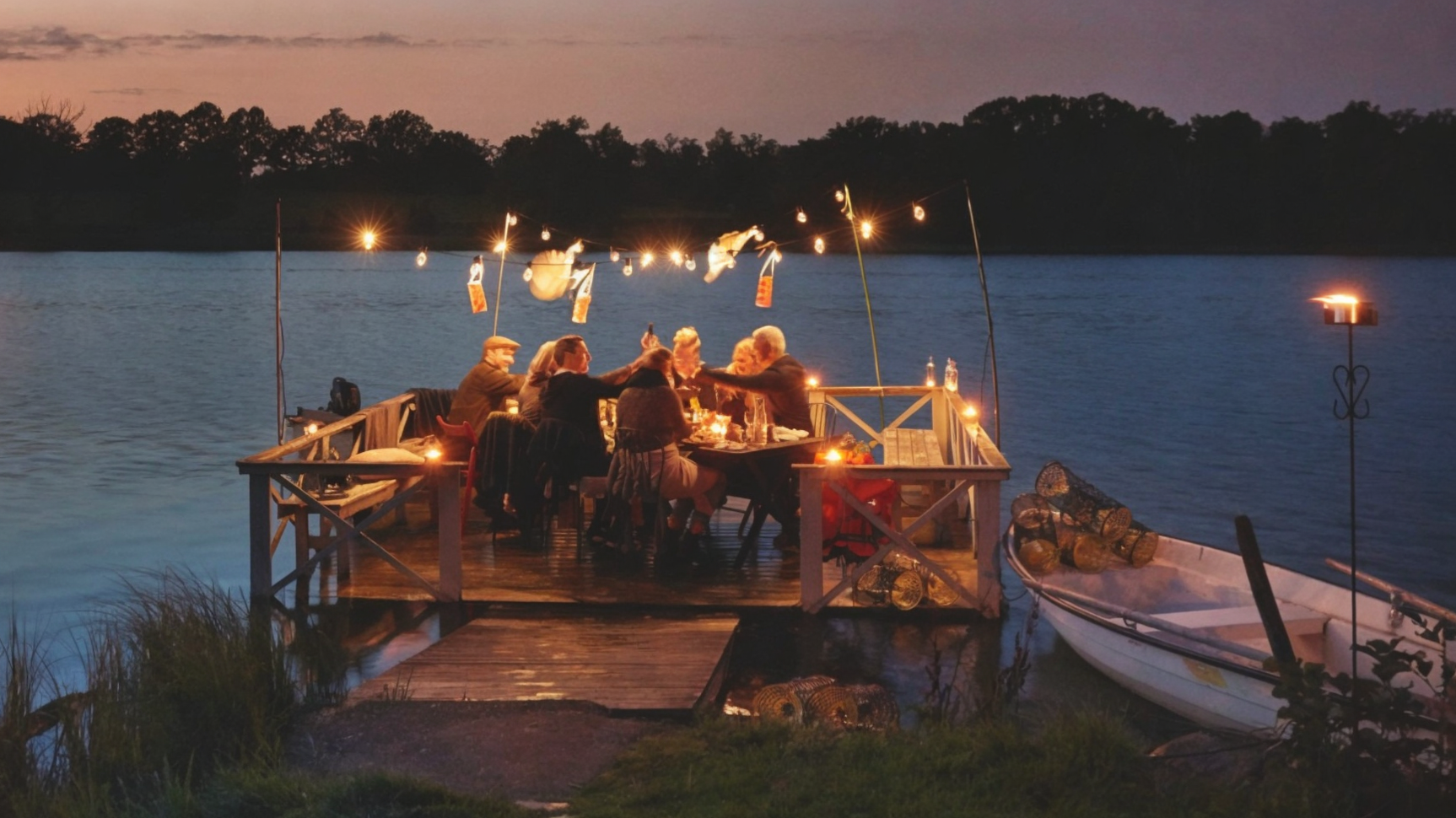 Raised glasses in candlelight